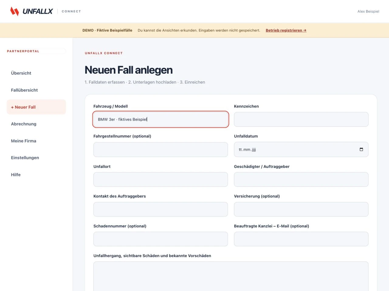 Tatsächliche Ansicht der Falldatenerfassung in der UNFALLX Demo
