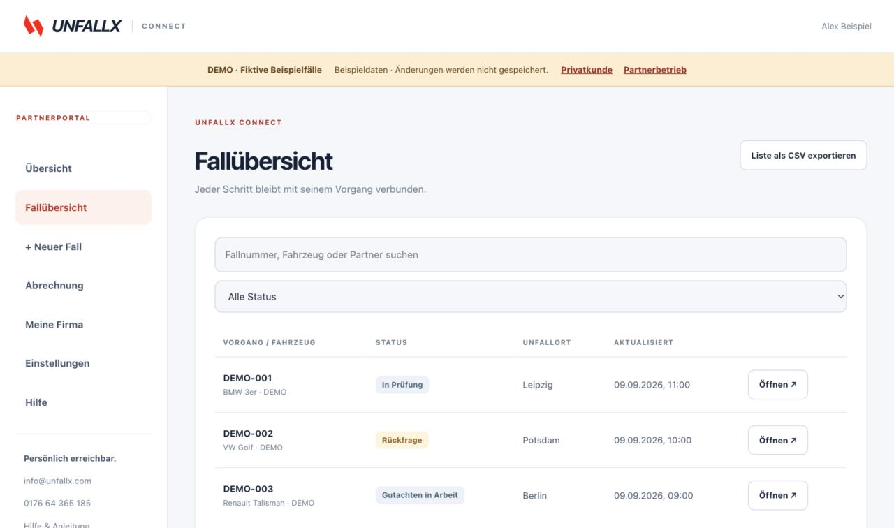 Echter Screenshot von UNFALLX Connect mit fiktiven Beispielfällen