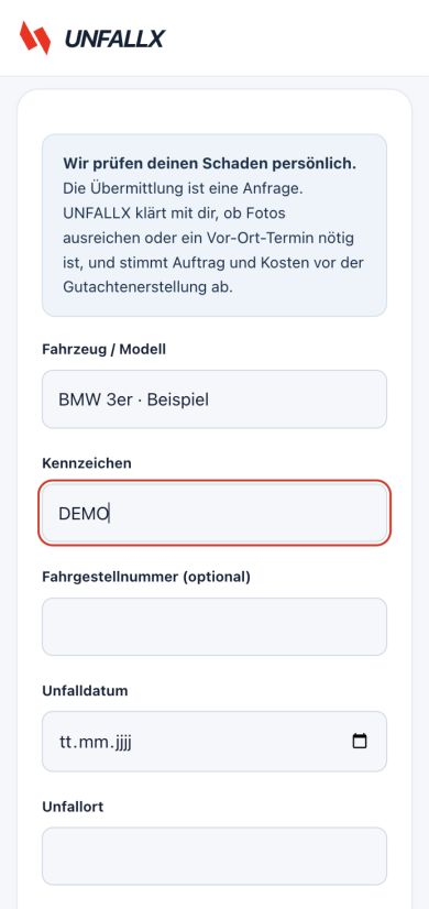 Tatsächliche mobile Fallaufnahme mit Feldern für Fahrzeug und Unfallhergang