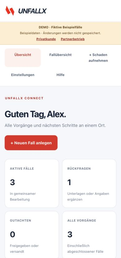 Echter Screenshot der mobilen UNFALLX Kundenübersicht