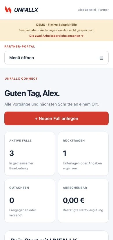 Echter Screenshot der mobilen UNFALLX Partnerübersicht