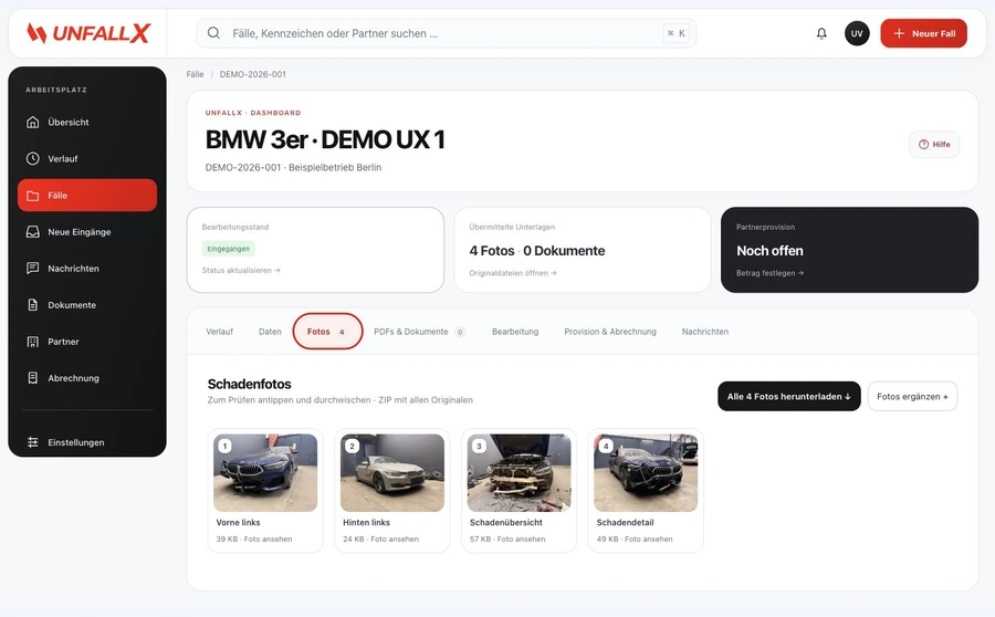 Aktuelle UNFALLX Schadenakte mit nummerierter Fotogalerie und Sammeldownload der Originalfotos; Beispieldaten