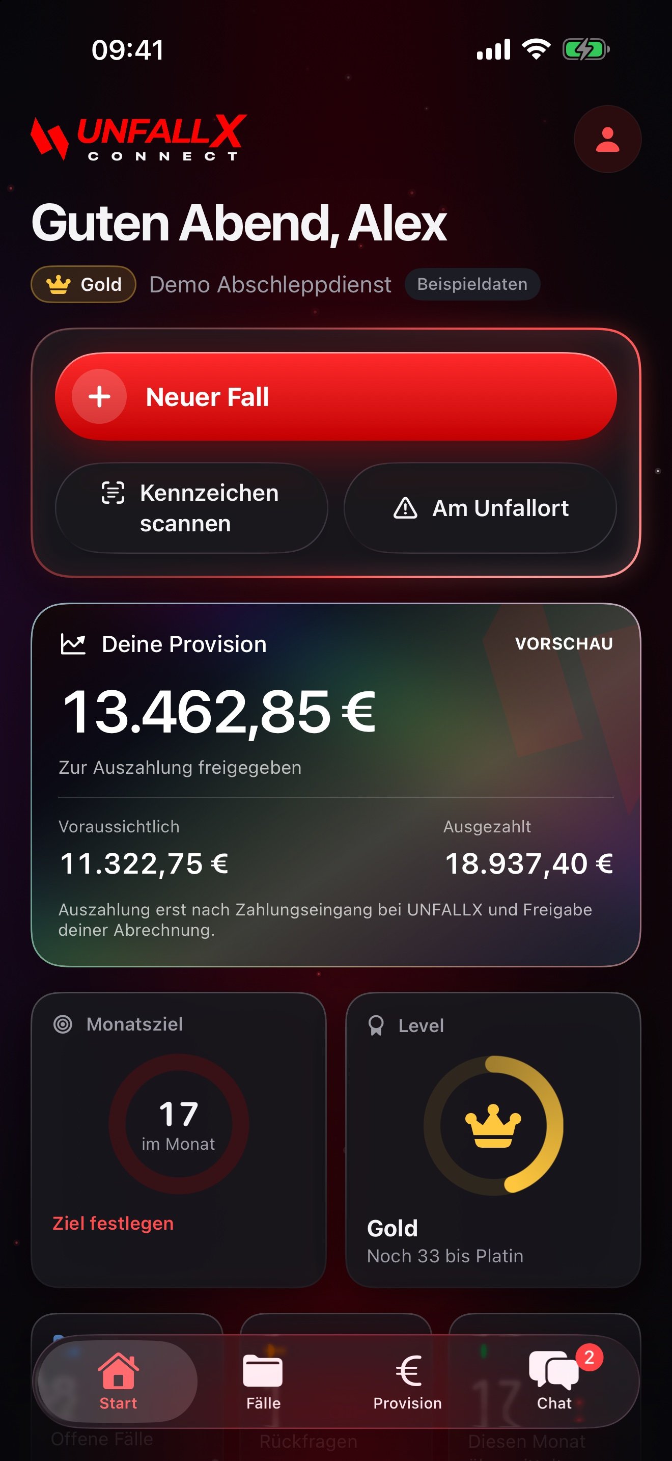 Echte iPhone-App: Übersicht mit fiktiven Beispielprovisionen