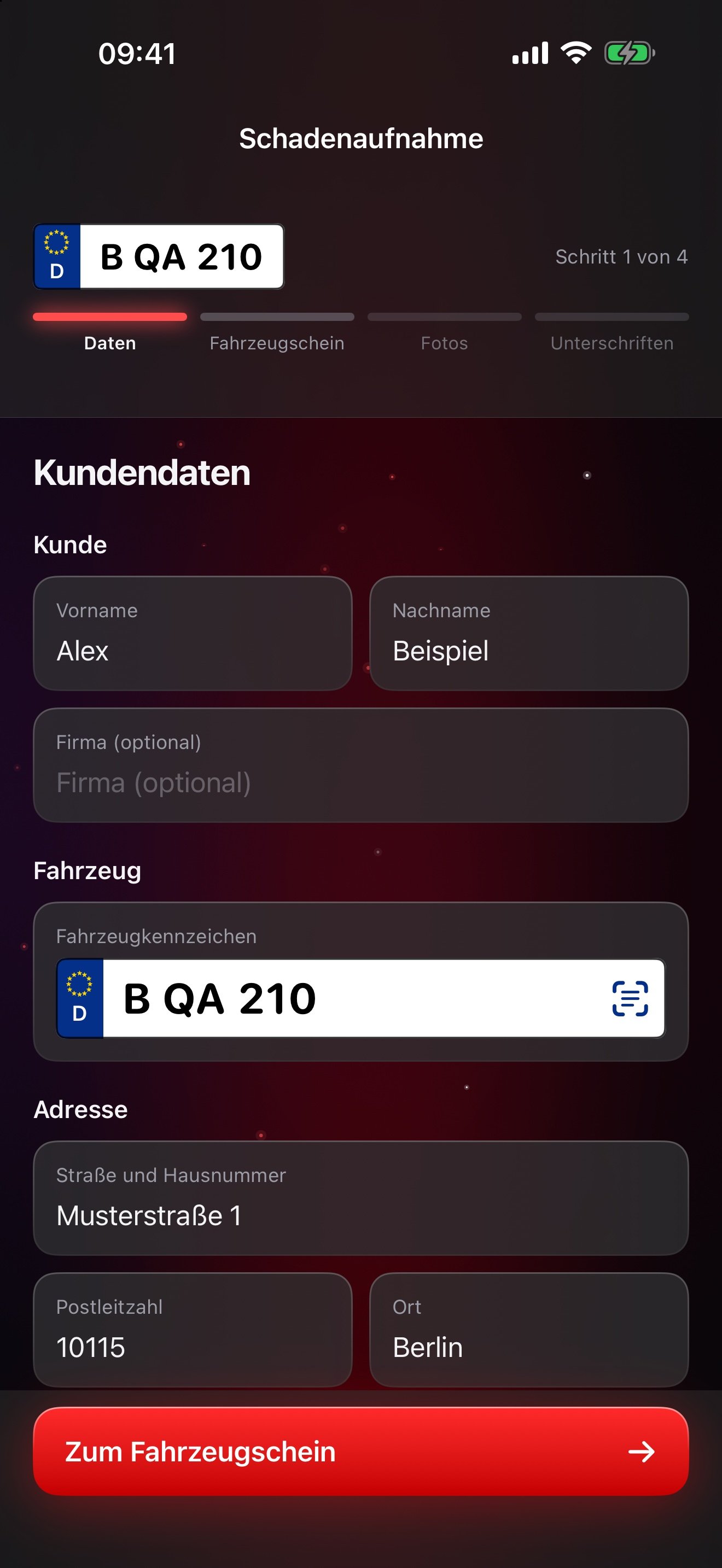 Echte iPhone-App: geführte Schadenaufnahme mit fiktiven Beispieldaten