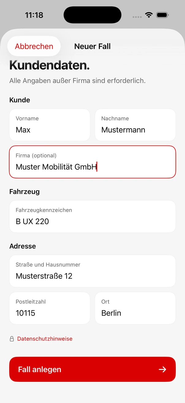 Echte iPhone-App: geführte Schadenaufnahme mit fiktiven Beispieldaten