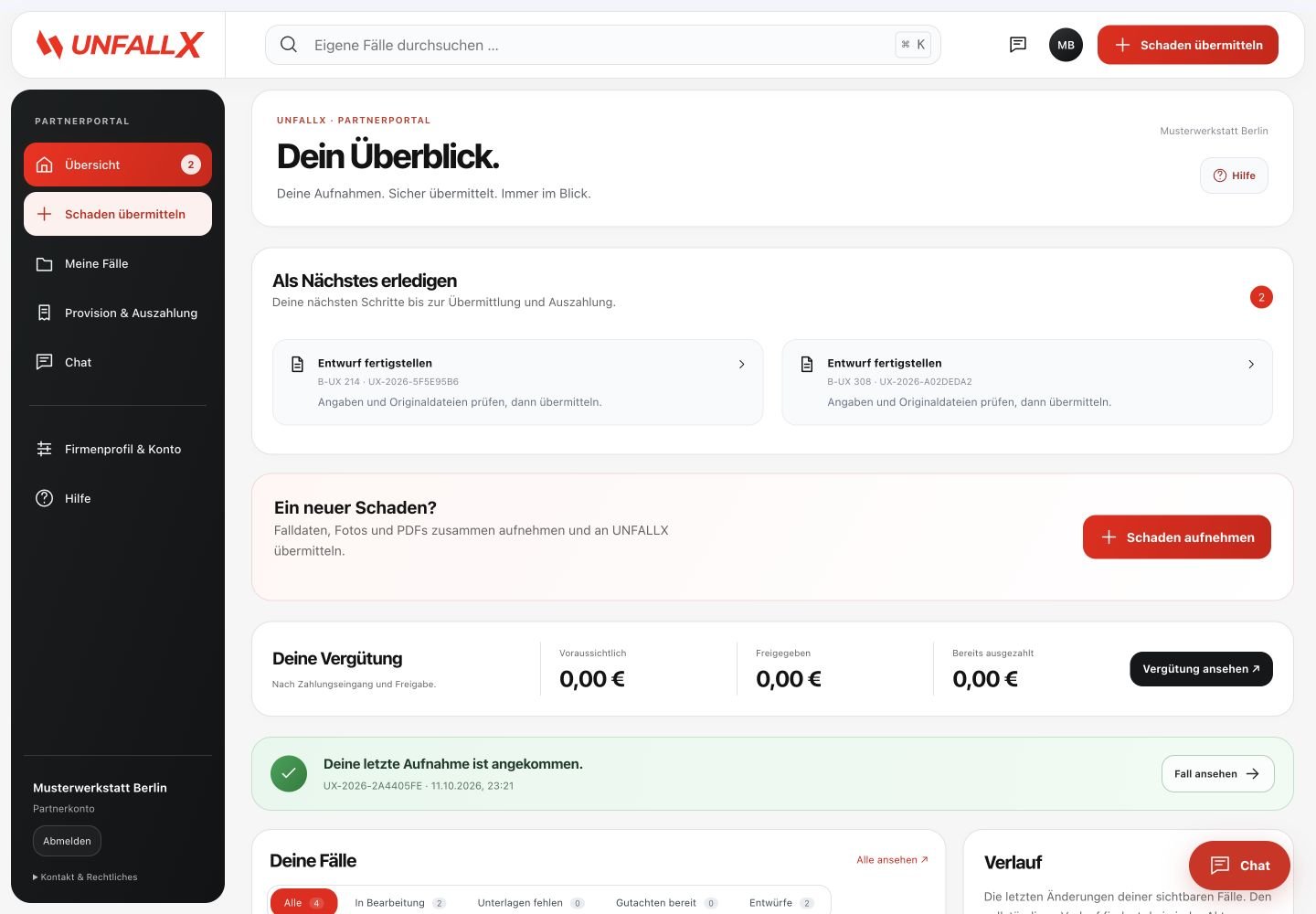 Aktuelles Partnerportal mit Schadenaufnahme, Aufgaben, Vergütung und Fallübersicht; fiktive Beispieldaten
