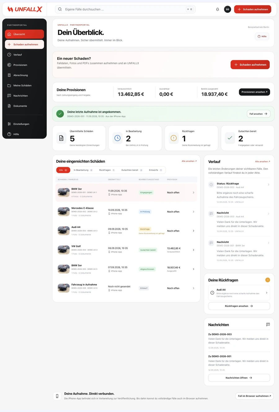Aktuelles Partnerportal mit abgerundetem Header, Schadenaufnahme, Provisionen und Fallübersicht; fiktive Beispieldaten