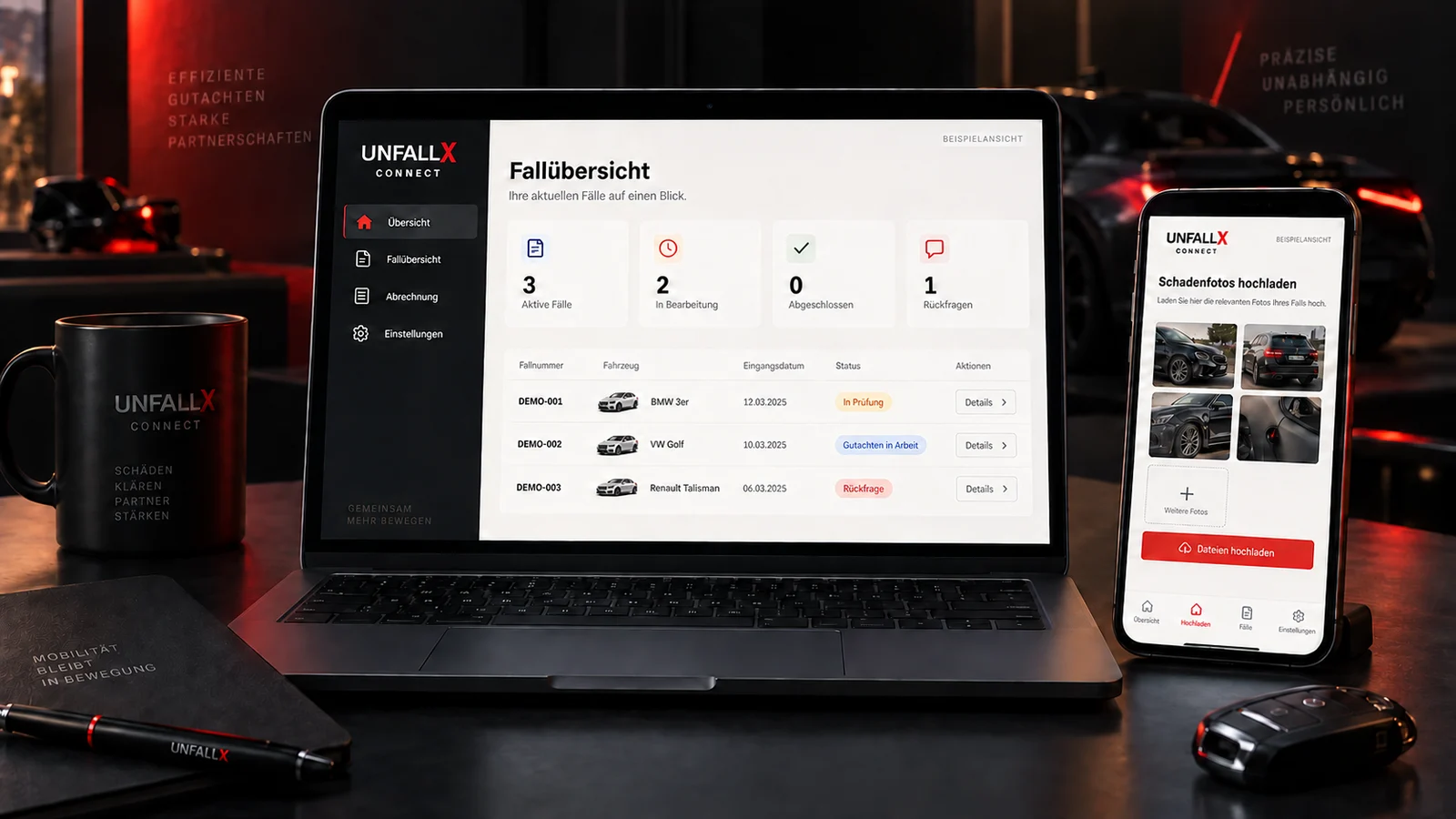 UNFALLX Connect auf Laptop und Smartphone – KI-Visualisierung mit Beispielfällen
